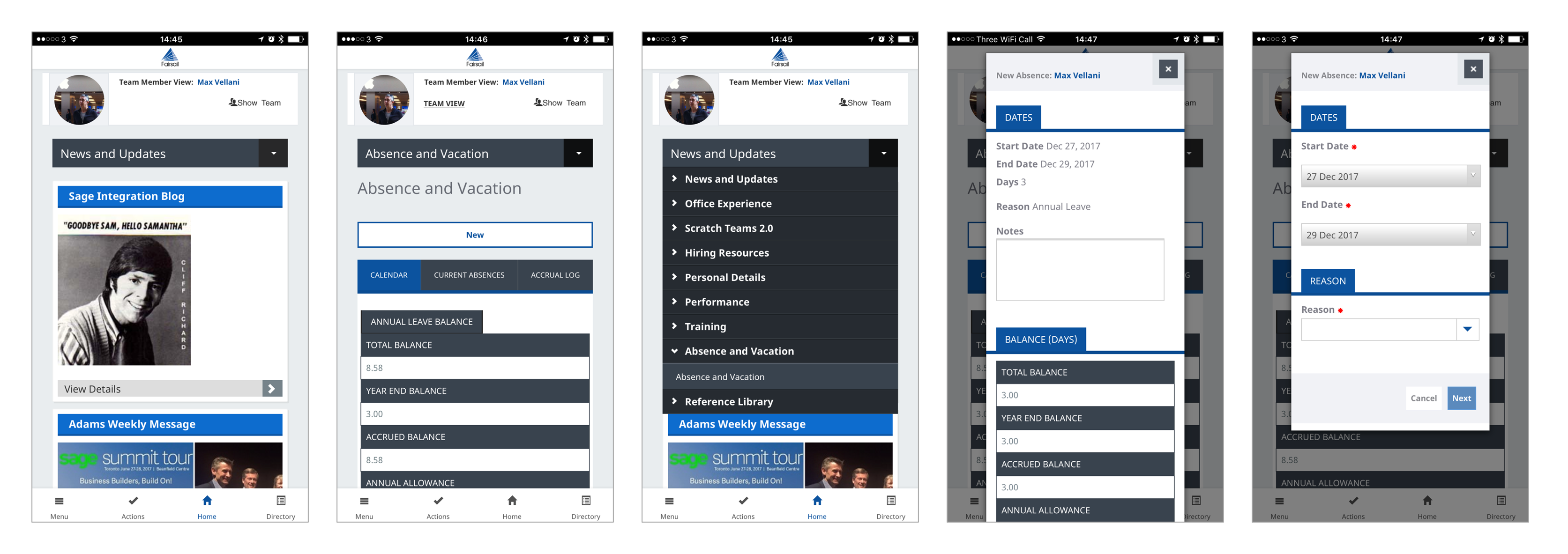 Fairsail design of Sage People app